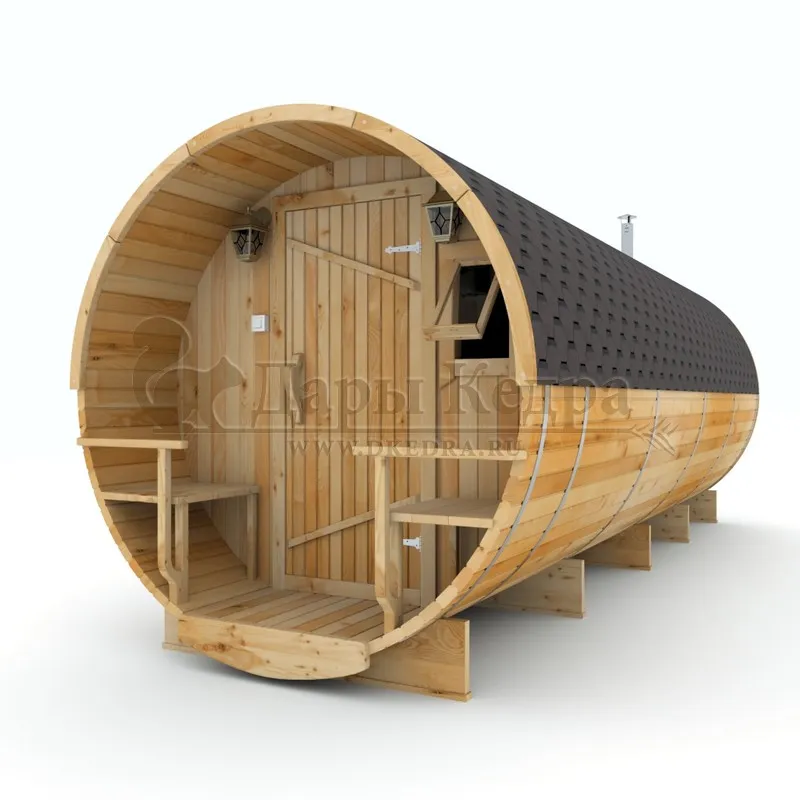 Баня-бочка круглая из кедра с верандой (все размеры)