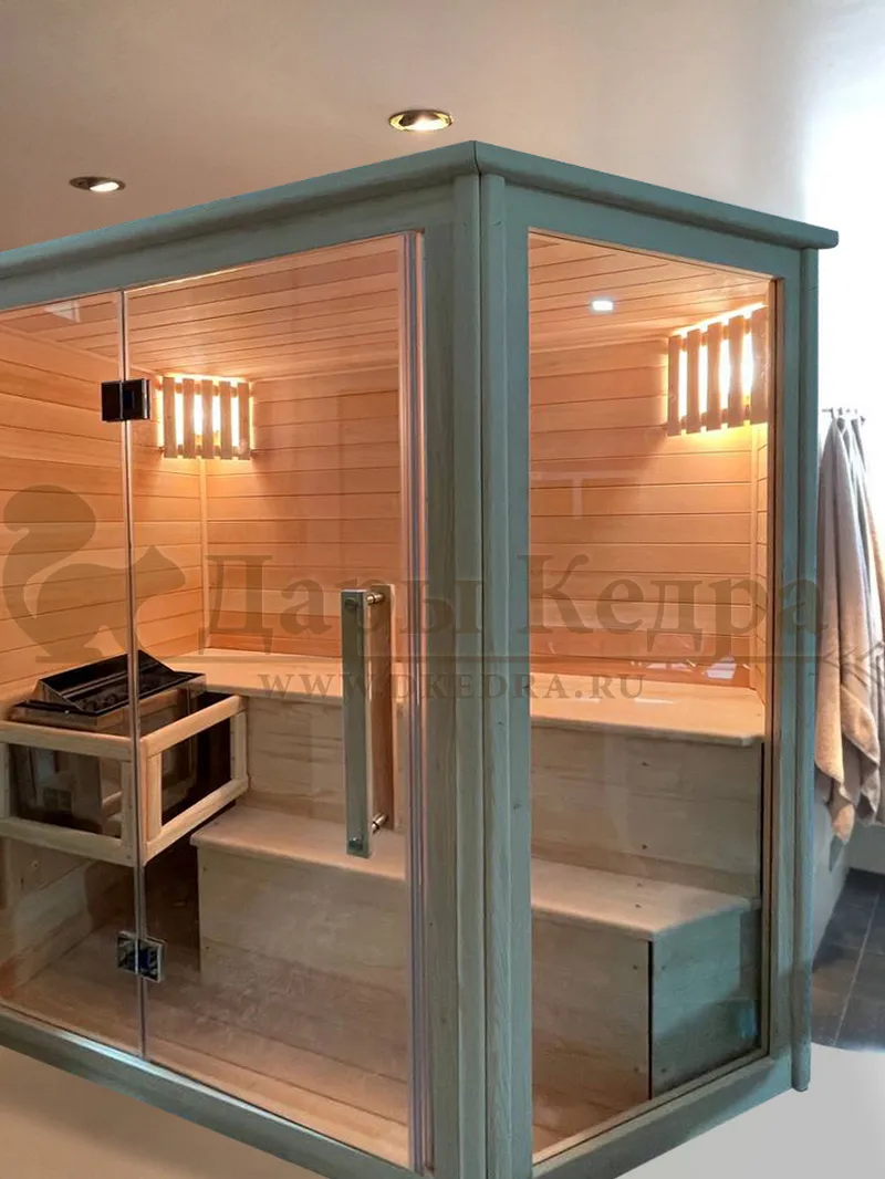 Трехместная угловая финская «Элит» сауна кабина из кедра и липы с электрокаменкой